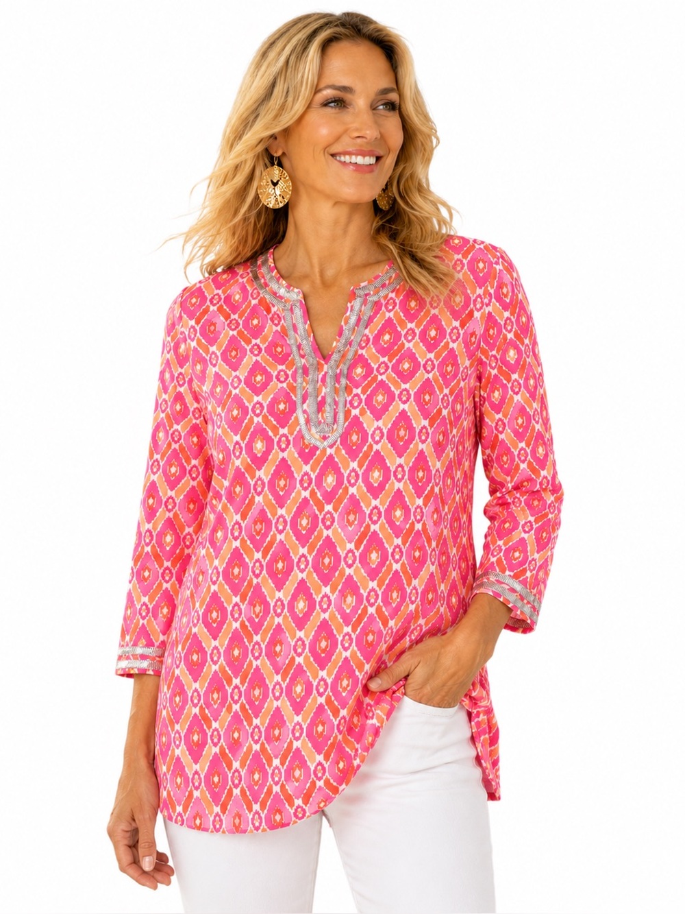 Twiggy London XL Pink Orange Ikat Tunic‎ Top Metallic Trim 3/4 Sleeve Boho
